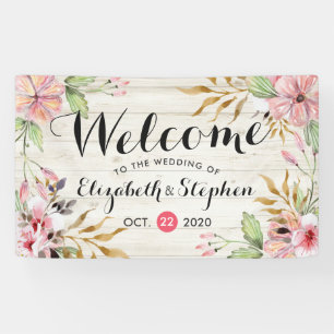 Wedding Welcome Watercolor Pink Flower Rustic Wood Banner