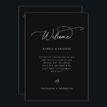 Wedding Welcome Weekend Timeline Program<br><div class="desc">Modern minimalist wedding welcome and weekend event timeline program card in black and white. Template features,  welcome message on front and weekend itinerary timeline on back.  Wedding day icons timeline includes rings,  cocktail,  meal setting,  cake,  music note and car.</div>