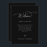 Wedding Welcome Weekend Timeline Program<br><div class="desc">Modern minimalist wedding welcome and weekend event timeline program card in black and white. Template features,  welcome message on front and weekend itinerary timeline on back.  Wedding day icons timeline includes rings,  cocktail,  meal setting,  cake,  music note and car.</div>