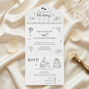 Wedding Whimsical Doodles Grey and White All In One Invitation
