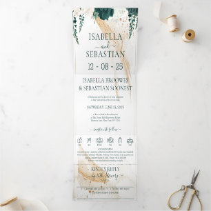 Wedding White All in one Emerald Green Rose Floral Tri-Fold Invitation