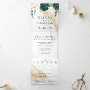 Wedding White All in one Emerald Green Rose Floral Tri-Fold Invitation