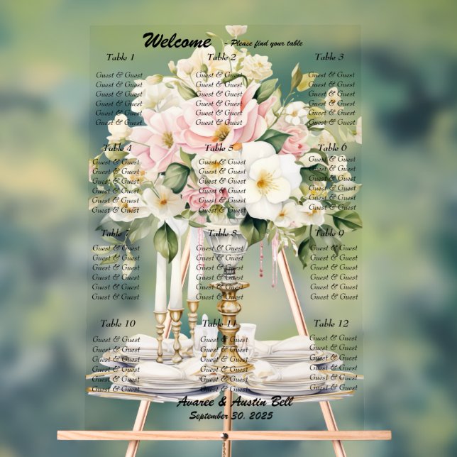 Wedding White and Pink Floral Seating Chart (Neutral)