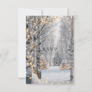 Wedding White Birch Trees Snow Yellow Lights RSVP Card