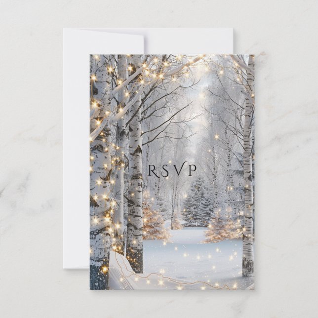  Wedding White Birch Trees  Snow Yellow Lights  RSVP Card (Front)