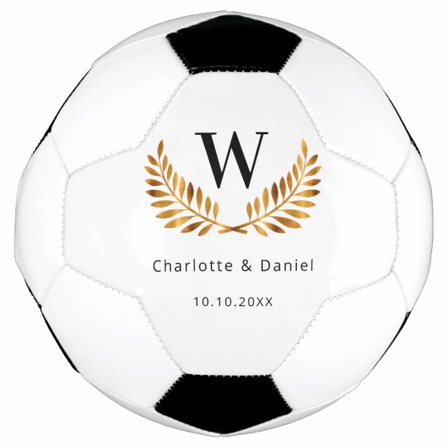 Wedding white black gold laurel wreath monogram  soccer ball (Front)