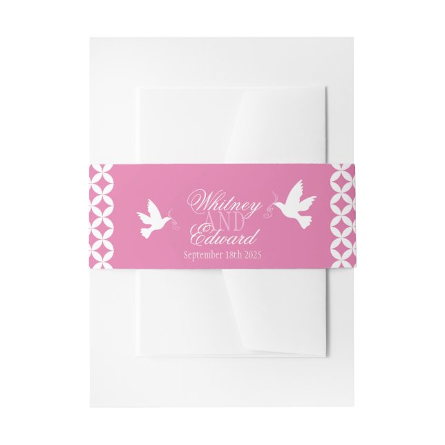 Wedding white doves on pink band invitation belly band (Front Example)