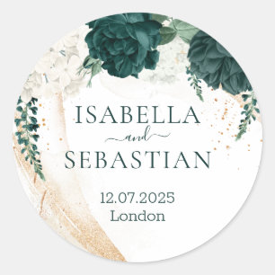 Wedding White Emerald Green Rose Floral Classic Round Sticker