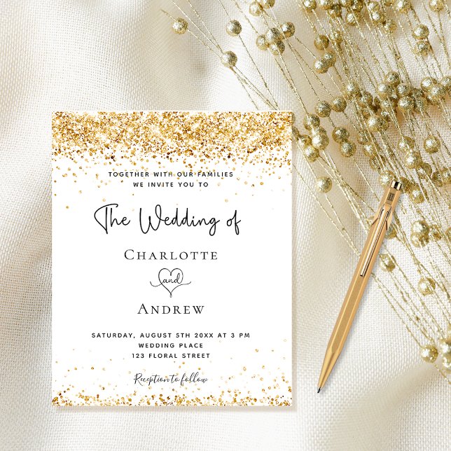 Wedding white gold glitter budget invitation flyer (Creator Uploaded)