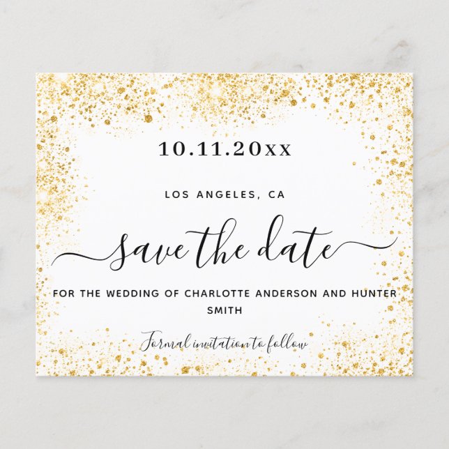 Wedding white gold glitter budget save date flyer (Front)