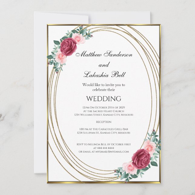 Wedding White Gold Pink Red Flowers Classic  Invitation (Front)