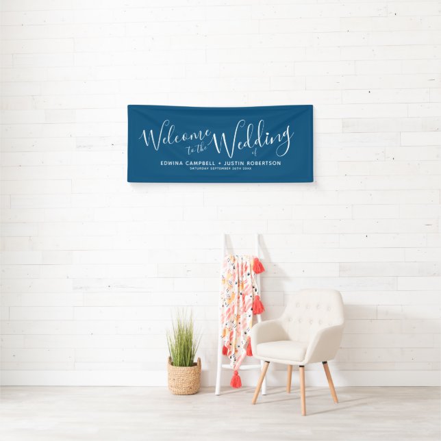 Wedding white heart script text navy blue welcome banner (Insitu)