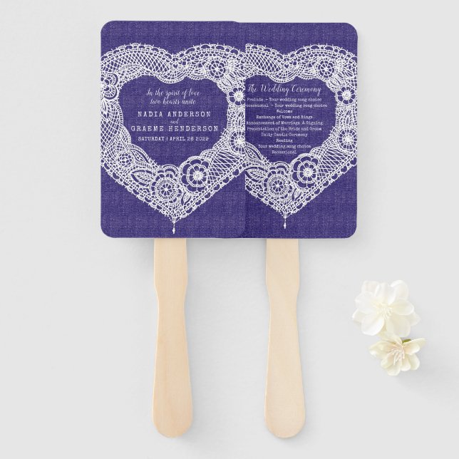Wedding white lace navy effect fabric program fans (Front and Back)