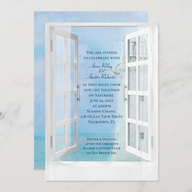 wedding white lighthouse window view with seagulls invitation (Front/Back)