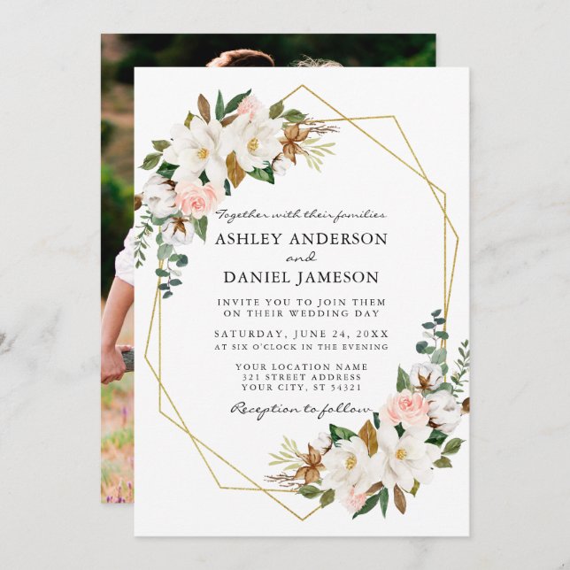 Wedding White Magnolias Pink Roses Photo Gold Invitation (Front/Back)