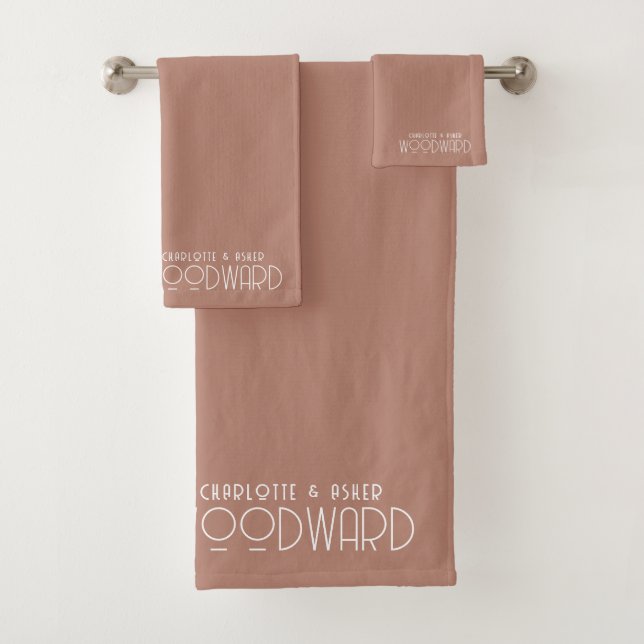 Wedding White Monogram Newlyweds Cocoa Brown Bath Towel Set (Insitu)