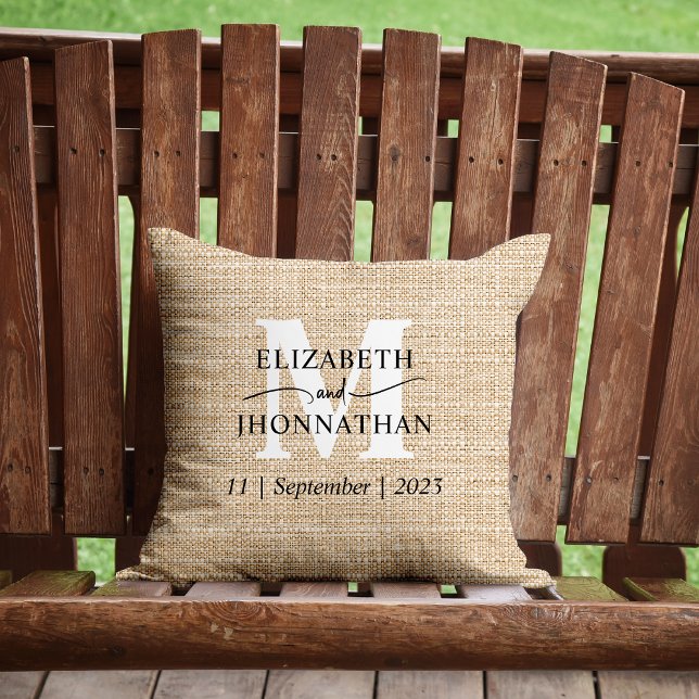 Wedding White Monogram Rustic Faux Burlap Keepsake Cushion (Creator Uploaded)