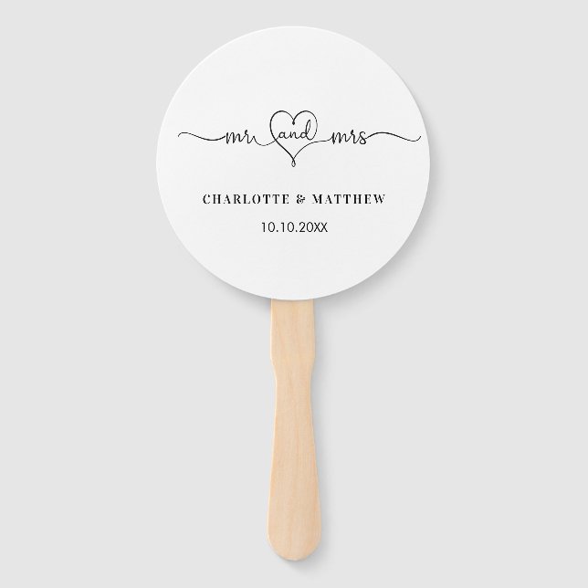 Wedding white mr mrs heart script  hand fan (Front)