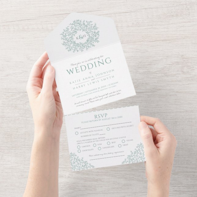 Wedding white muted green leaves all in one invitation (Tearaway)