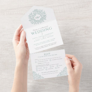 Wedding white muted green leaves all in one invitation