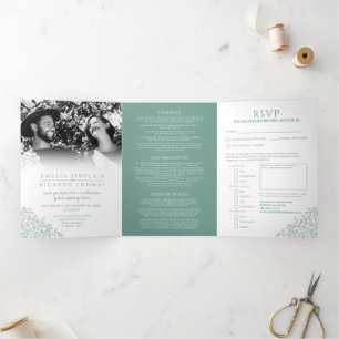 Wedding white muted green leaves all-in-one Tri-Fold invitation