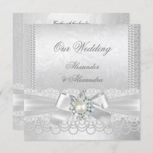 Wedding White Pearl Lace Damask Diamond Silver Invitation