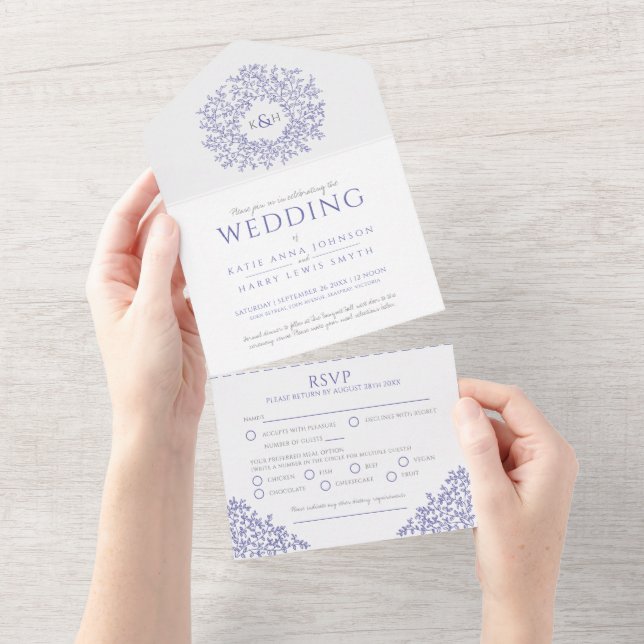 Wedding white purple blue leaves all in one invitation (Tearaway)