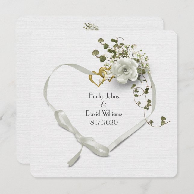 wedding white ribbon heart and rose bouquet invitation (Front/Back)