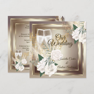 Wedding White Rose Champagne Gold Bronze Invitation