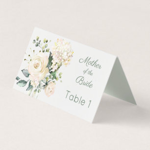 Wedding white rose, hydrangea place card