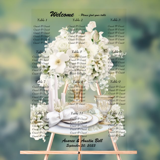 Wedding White Roses Seating Chart (Neutral)