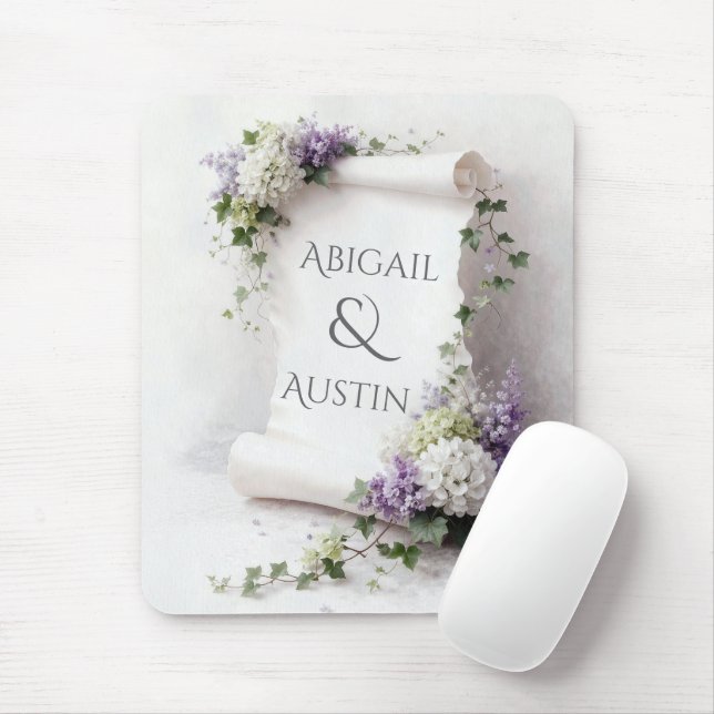 Wedding White Scroll with Hydrangeas and Lilacs Mouse Pad (With Mouse)