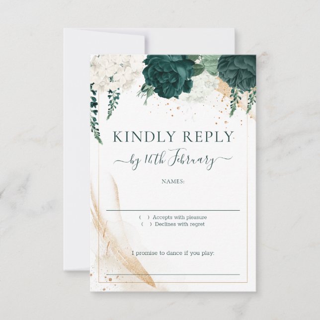 Wedding White Signature Emerald Green Rose RSVP Card (Front)