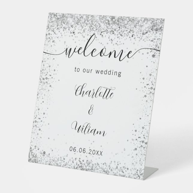 Wedding white silver glitter names script welcome pedestal sign (Front)