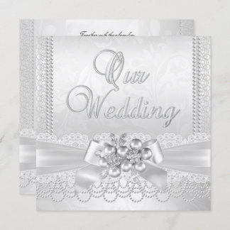 Wedding White Silver Pearl Lace Damask Diamond Invitation
