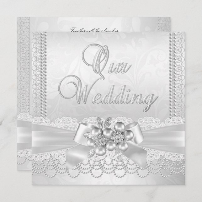 Wedding White Silver Pearl Lace Damask Diamond Invitation (Front/Back)