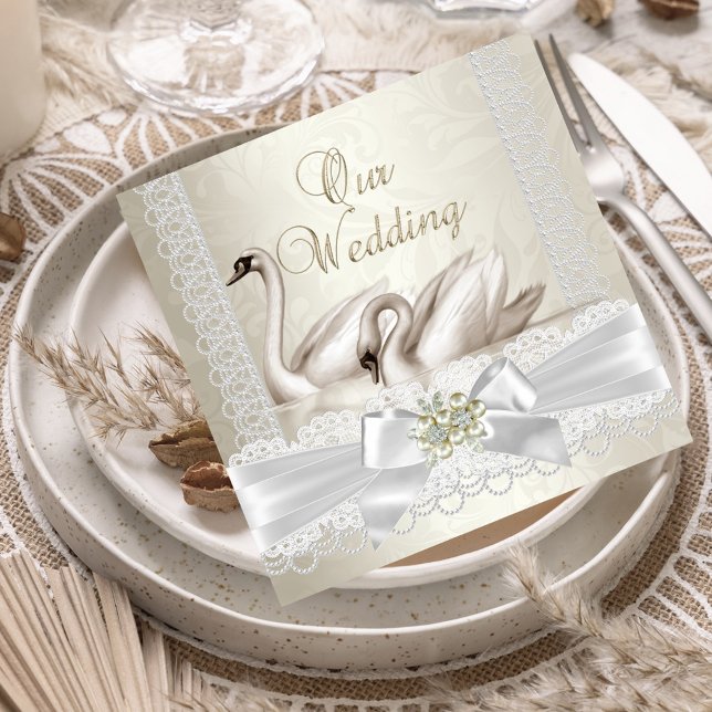 Wedding White Swans Cream Pearl Lace Damask SQ Invitation (Creator Uploaded)