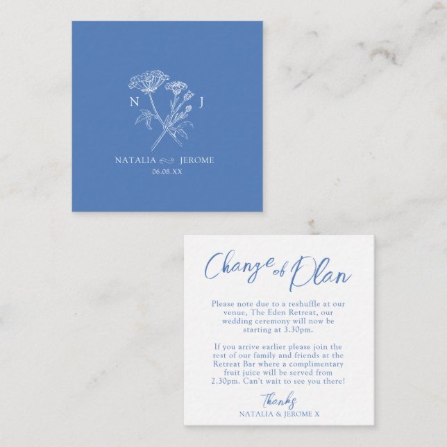 Wedding wildflower monogram blue change of plan card (Front/Back)