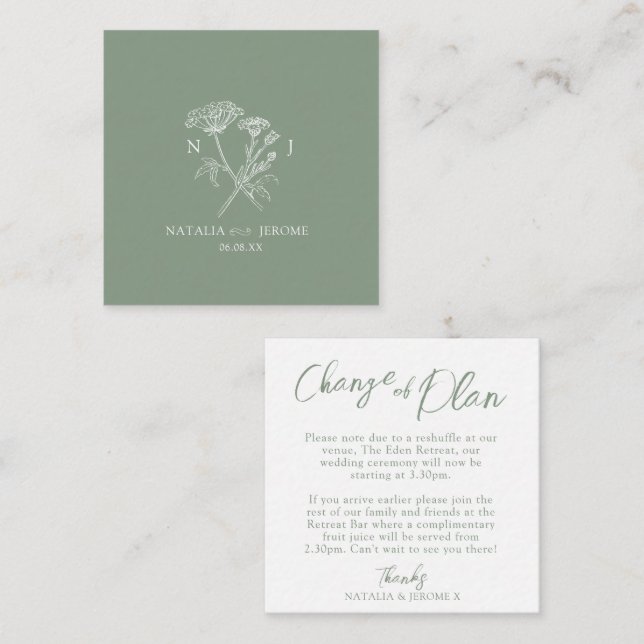 Wedding wildflower monogram green change of plan card (Front/Back)