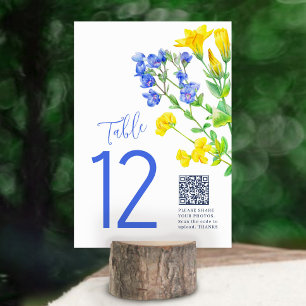 Wedding wildflower yellow blue photo sharing QR Table Number