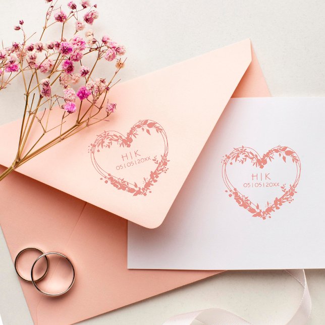 Wedding Wildflowers Heart Initials and Date Rubber Stamp (Creator Uploaded)