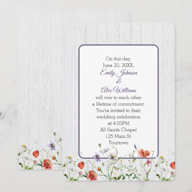 Wedding Wildflowers On Whitewashed Wood Invitation (Front/Back)
