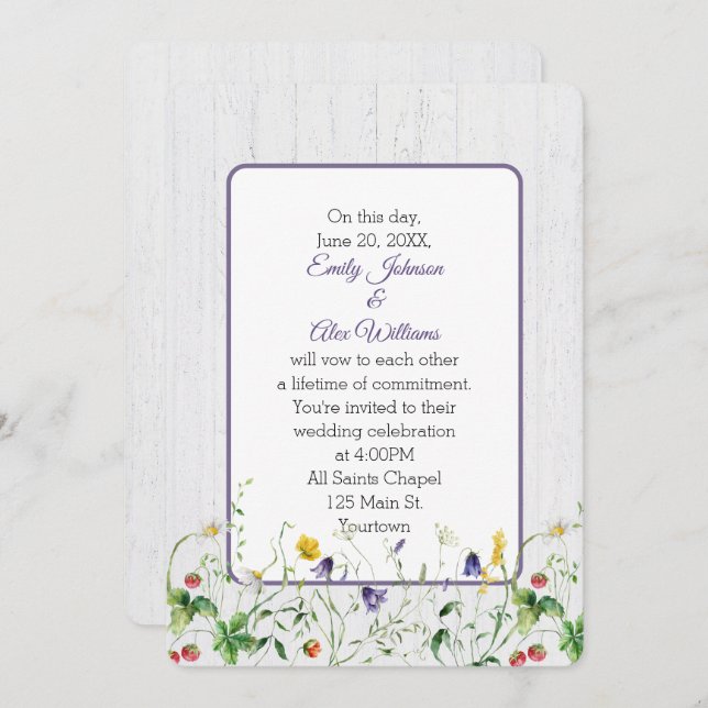 Wedding Wildflowers On Whitewashed Wood Invitation (Front/Back)
