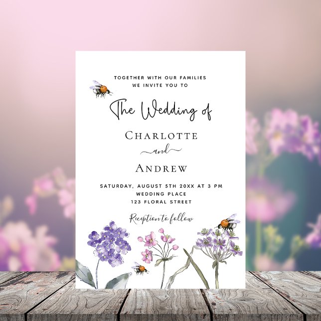 Wedding wildflowers violet pink bee luxury invitation (Creator Uploaded)