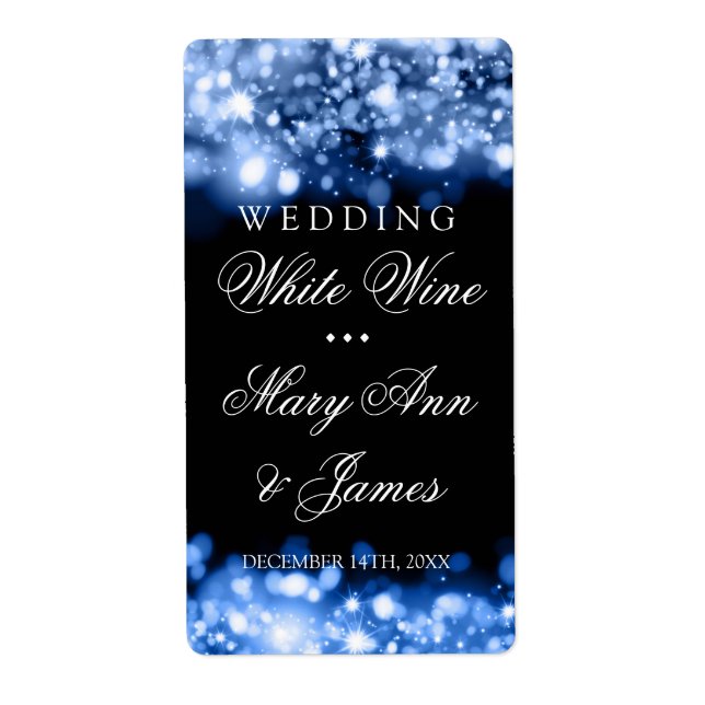 Wedding Wine Label Sparkling Lights Sapphire Blue (Front)