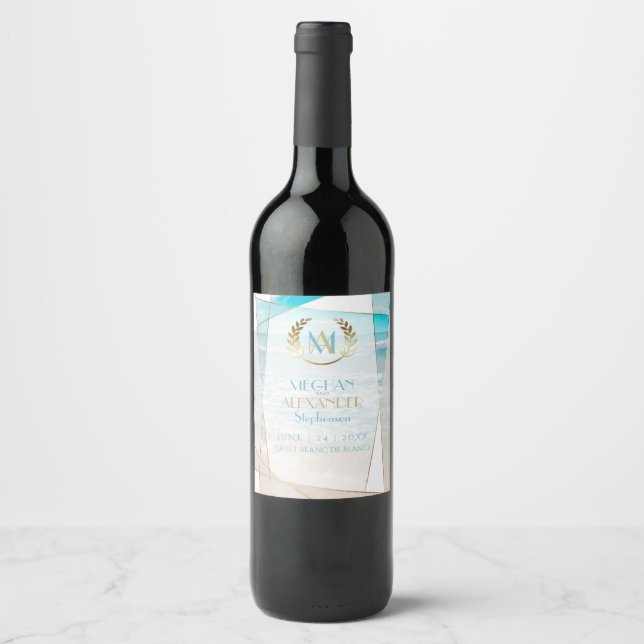 Wedding Wine | Modern Monogram Geometric Beach Label (Front)