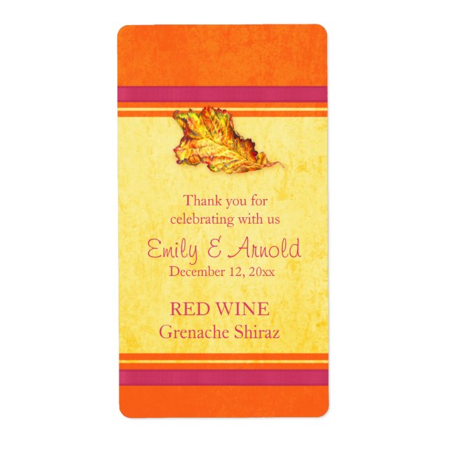 Wedding wine personalised label autumn leaf (Front)