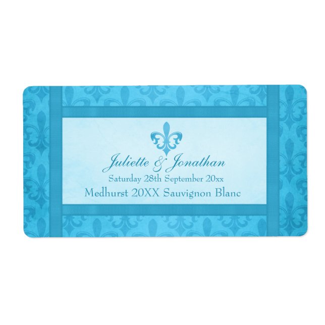 Wedding wine personalised label fleur de lis blue (Front)