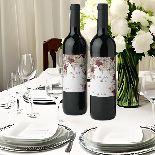 Wedding Wine White Burgundy Flowers Wine Label (Creator Uploaded)