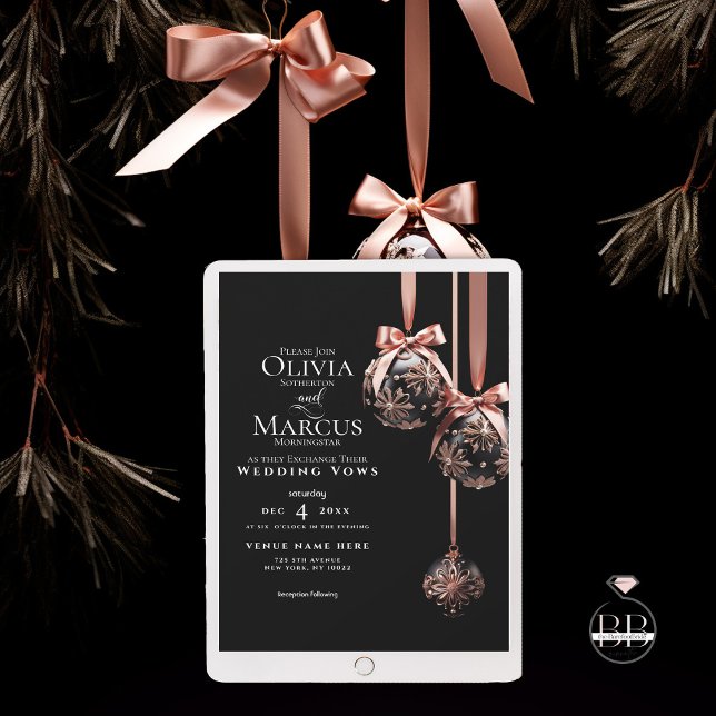 WEDDING | Winter Pink and Onyx Baubles  Invitation (Pressed for Time? Send it digital Pale pink and Onyx black Christmas baubles for your holiday event.)